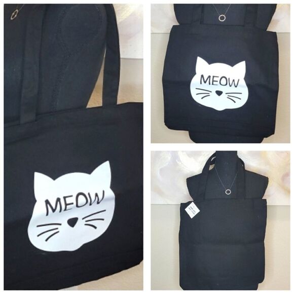 Black Canvas Graphic Meow Tote Bags 🐈 😻 - Picture 1 of 10